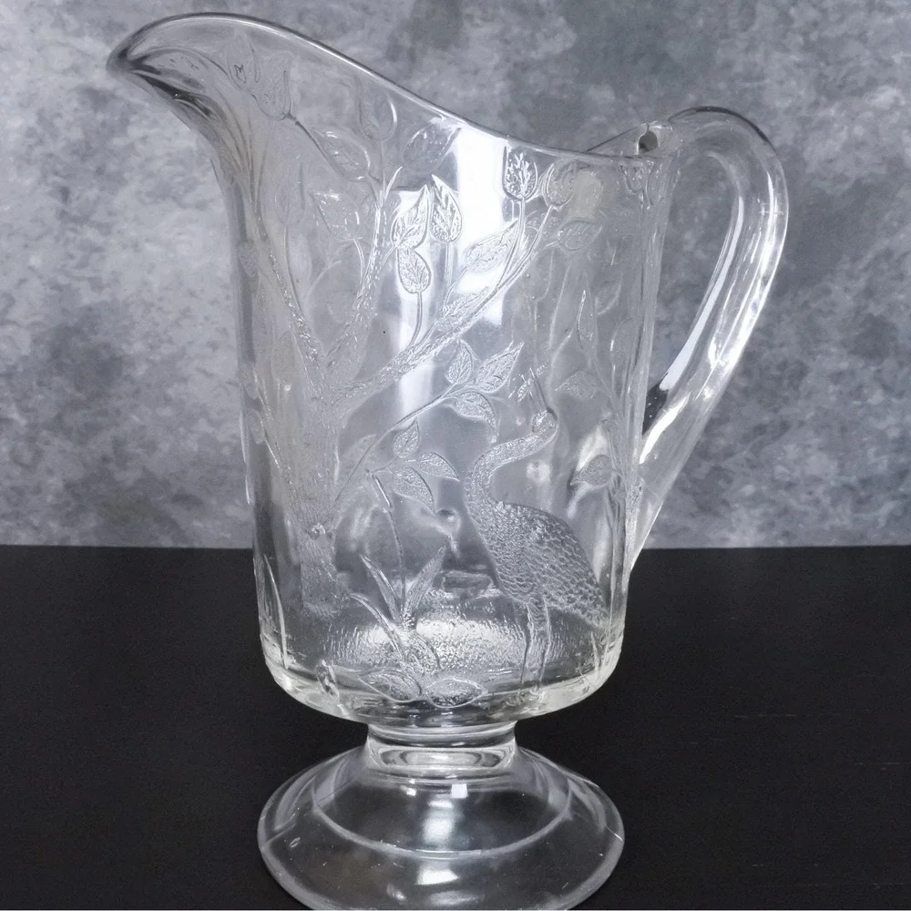 Antique Victorian Early American Pressed Glass Stork Lake Scene Water Pitcher